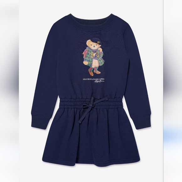 Ralph Lauren Girl 18M Navy Blue Fleece Polo Bear Dress & Bloomers Long Sleeve